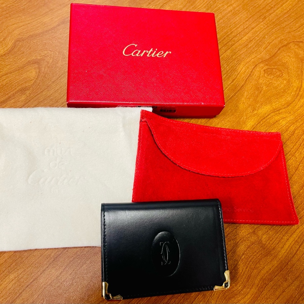 Cartier Black Leather Card Wallet with Red Box and Pouch